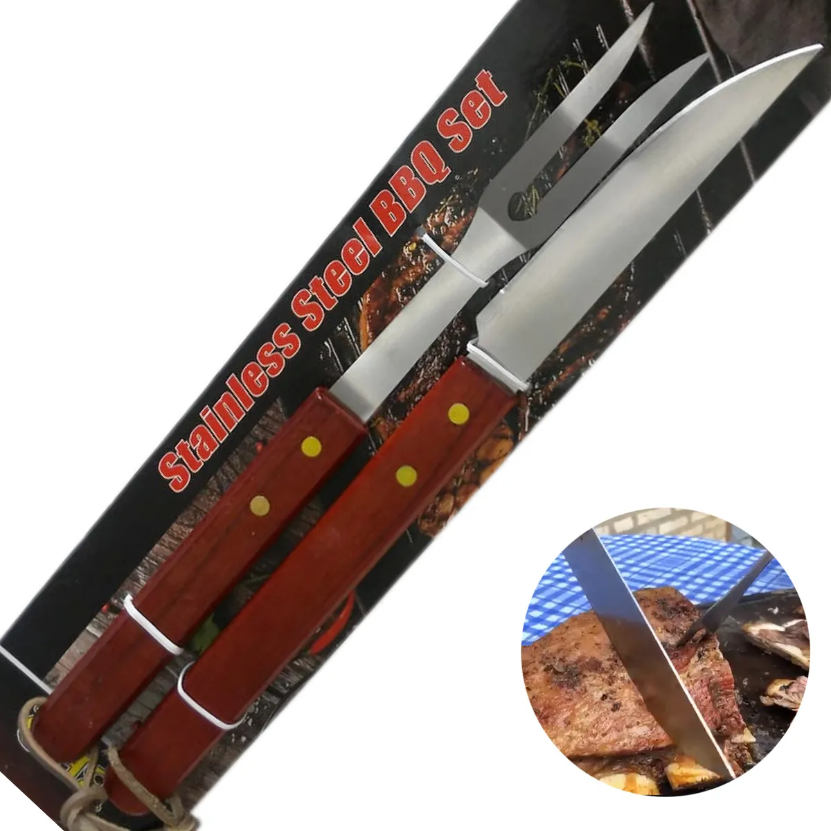 Set Asado Acero Inox Cuchillo y Tenedor Largos