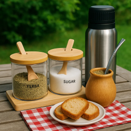 Especiero X2 Con Tapa + Base Y Cuchara Bambu